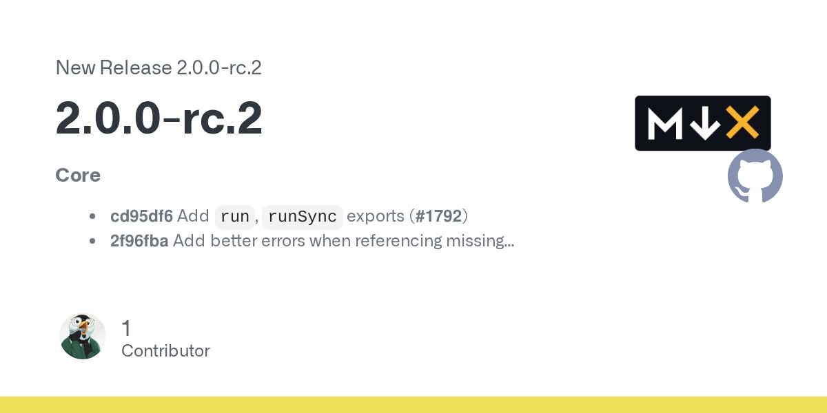 wooorm's tweet card. Core cd95df6 Add run, runSync exports (#1792) 2f96fba Add better errors when referencing missing components (#1811) e86e9e8 Improve generated code (#1810) Types 8a3eb15 Fix type of children prop...