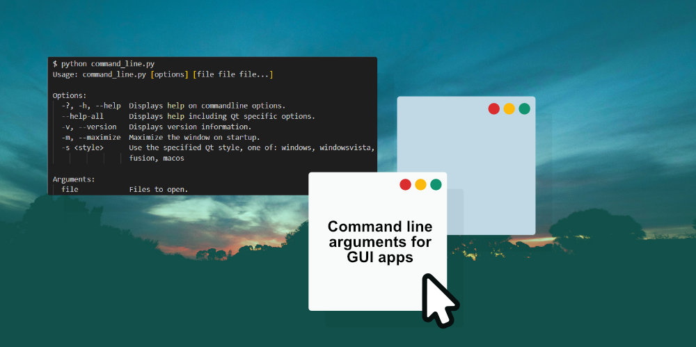 pythonguis's tweet card. Allow users to customize your application at launch. Sometimes you want to be able to pass command line arguments to your GUI applications.