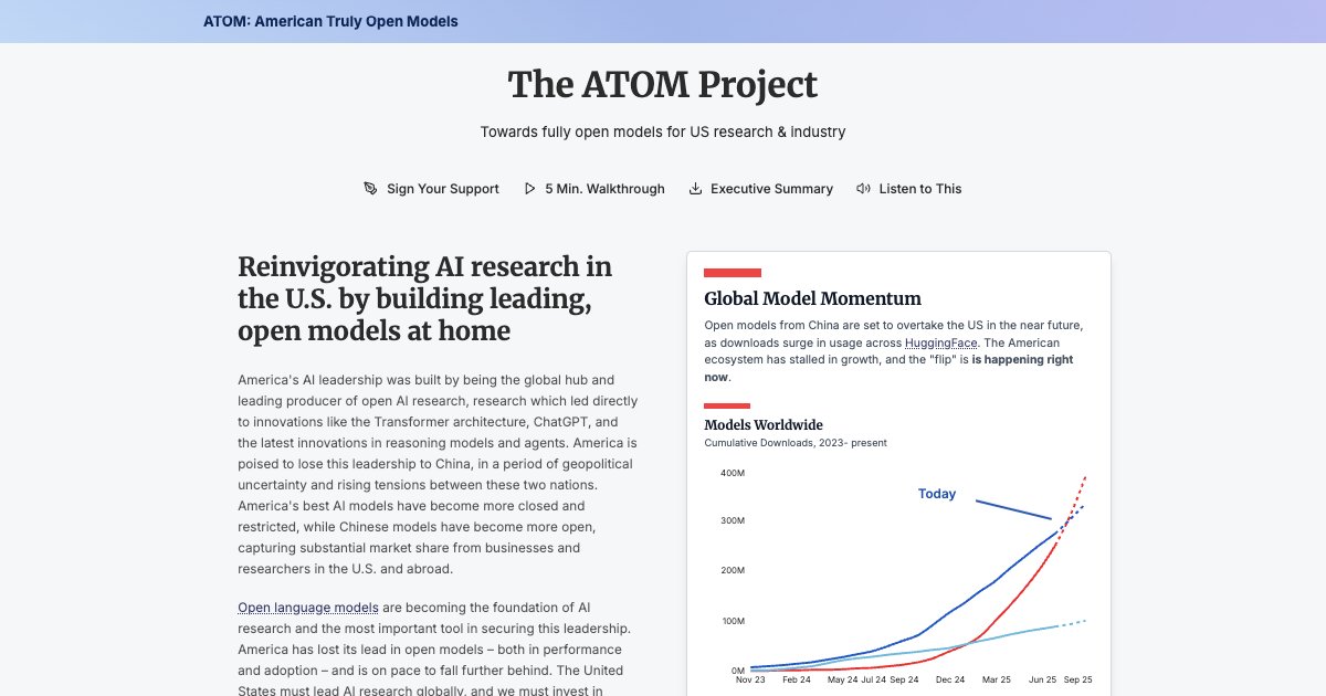 natolambert's tweet card. Reinvigorating AI research in the U.S. by building leading, open models in America