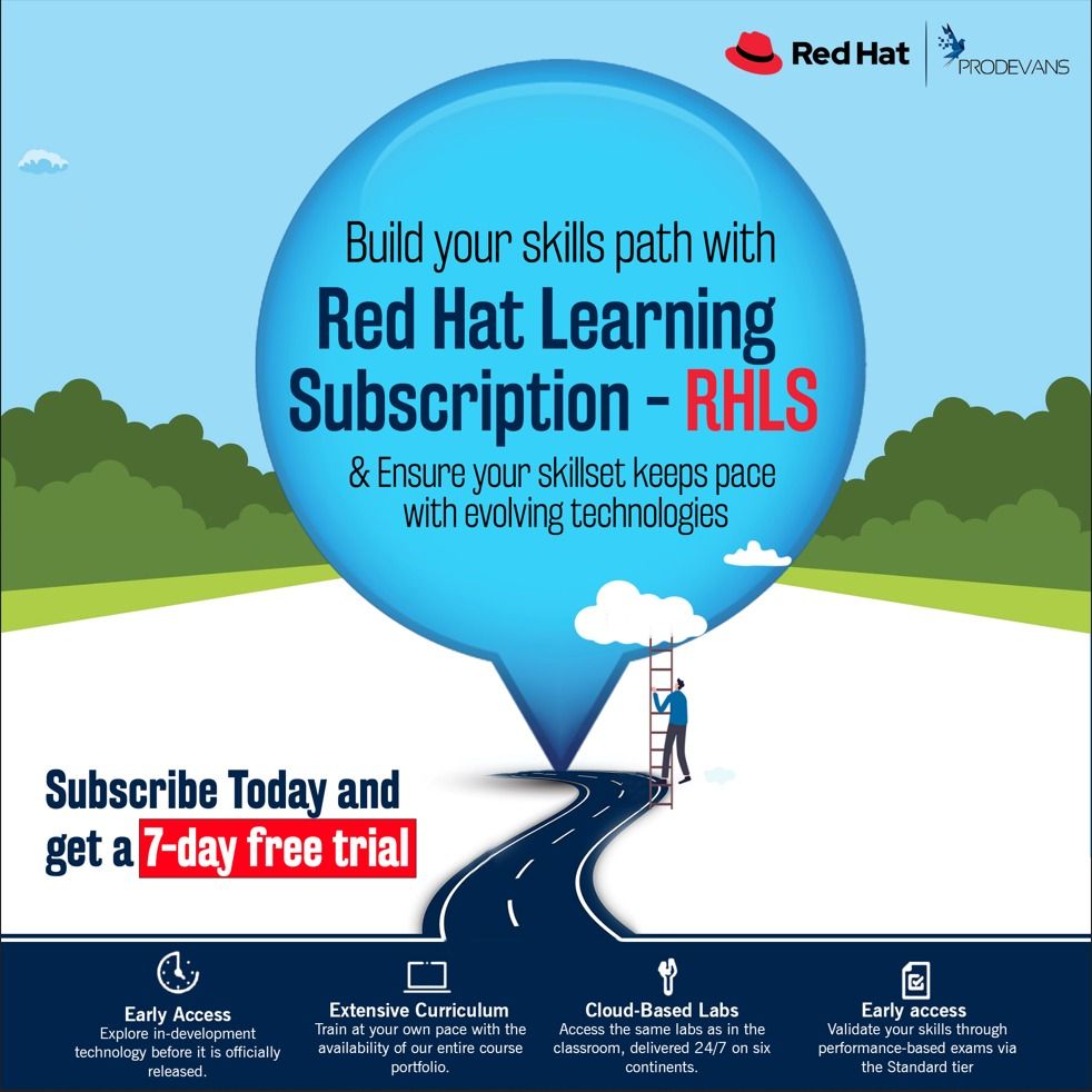 TechProdevans's tweet card. Prodevans offers 7 days FREE trial!   Build your skills with RedHat Learning Subscription with unlimited subscription to access the comprehensive curriculum. 24x7 access globally Self-paced course...