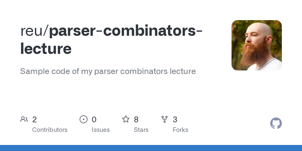 fodasecassiano's tweet card. Sample code of my parser combinators lecture. Contribute to reu/parser-combinators-lecture development by creating an account on GitHub.