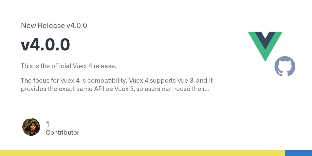 KiaKing85's tweet card. This is the official Vuex 4 release. The focus for Vuex 4 is compatibility. Vuex 4 supports Vue 3, and it provides the exact same API as Vuex 3, so users can reuse their existing Vuex code with Vue...