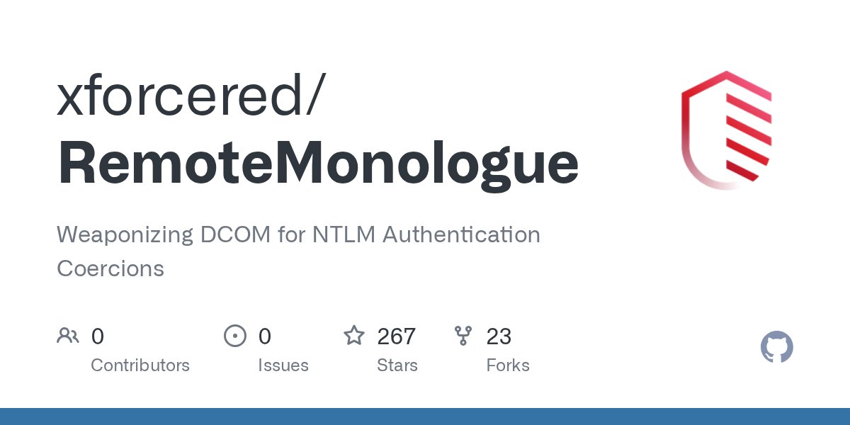 AndrewOliveau's tweet card. Weaponizing DCOM for NTLM Authentication Coercions - xforcered/RemoteMonologue