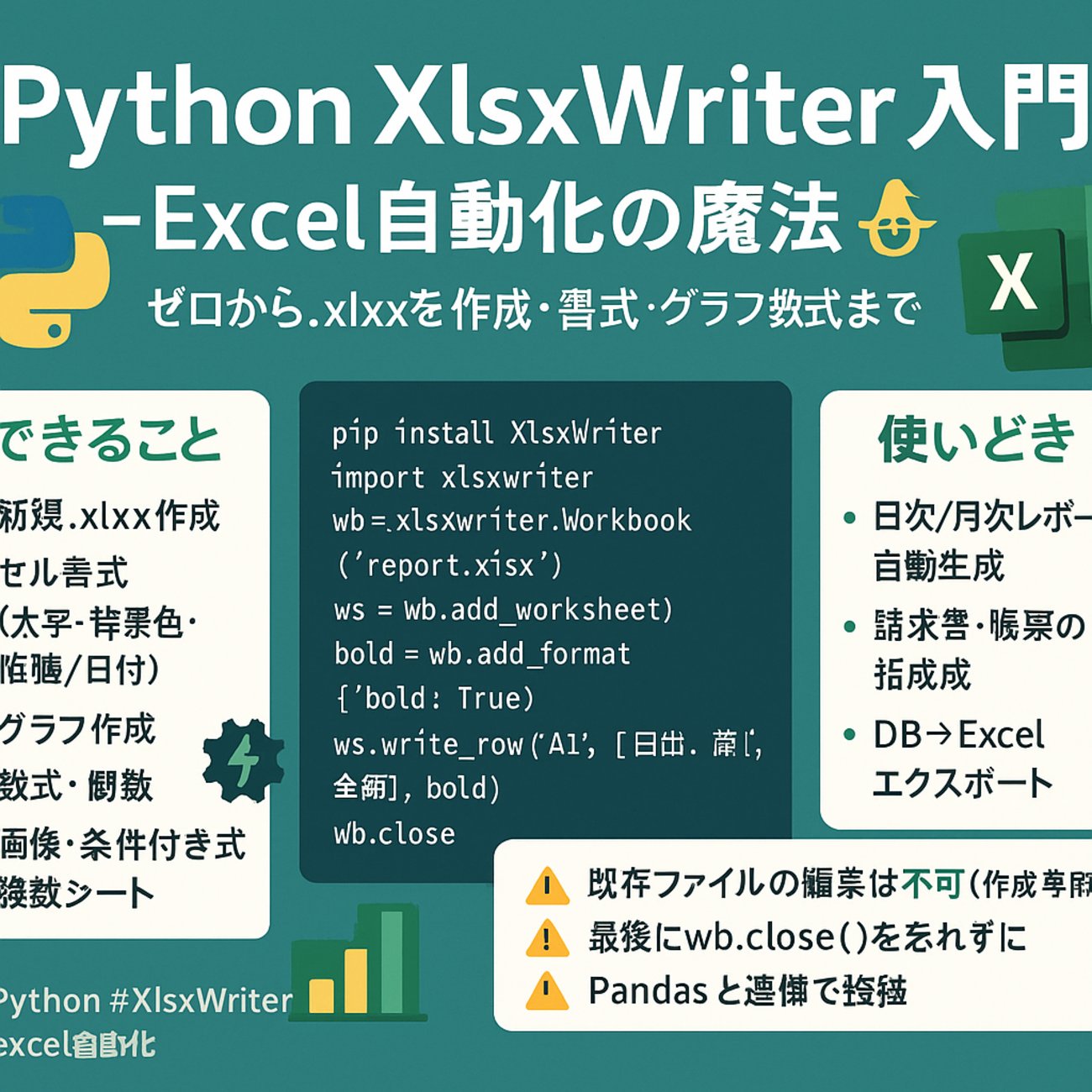 X_okpy's tweet card. Python XlsxWriter: Excel作業、まだ手作業で消耗してませんか？😱 「Pythonを使ってExcelファイルを自動で作りたいけど、なんだか難しそう…」「データ分析の結果をキレイなExcelで出力したいけど、どうすればいいの？」そう思っているあなた！もう大丈夫です！Pythonの強力なライブラリ「Xl…