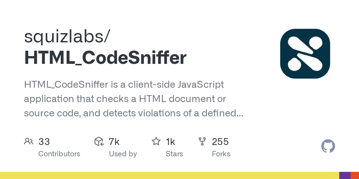 htmlcs's tweet card. HTML_CodeSniffer is a client-side JavaScript application that checks a HTML document or source code, and detects violations of a defined coding standard. Comes with standards that cover the three c...
