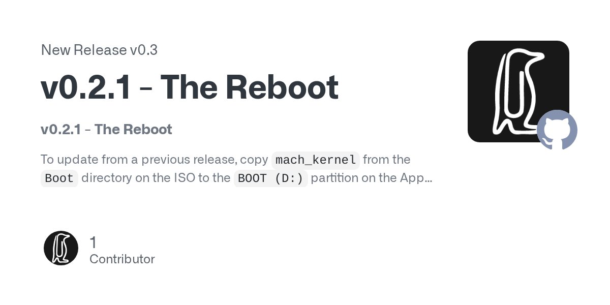 DistrosProjects's tweet card. v0.2.1 - The Reboot To update from a previous release, copy mach_kernel from the Boot directory on the ISO to the BOOT (D:) partition on the Apple TV. No other files have changed, so it's unnec...
