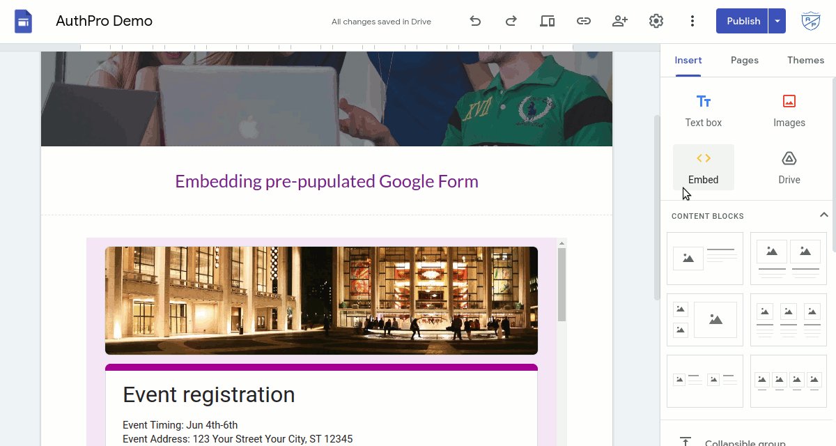 AuthProService's tweet card. How to embed Google form on protected page pre-populated with logged in member data