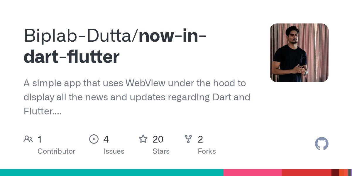b_plab98's tweet card. A simple app that uses WebView under the hood to display all the news and updates regarding Dart and Flutter. The information is retrieved using GitHub's API and the github repository used ...