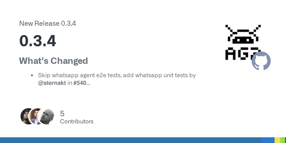 FastAgencyAI's tweet card. What's Changed Skip whatsapp agent e2e tests, add whatsapp unit tests by @sternakt in #540 Fix broken docs code and links by @kumaranvpl in #549 Updated packages and cookiecutter by @davorrunj...