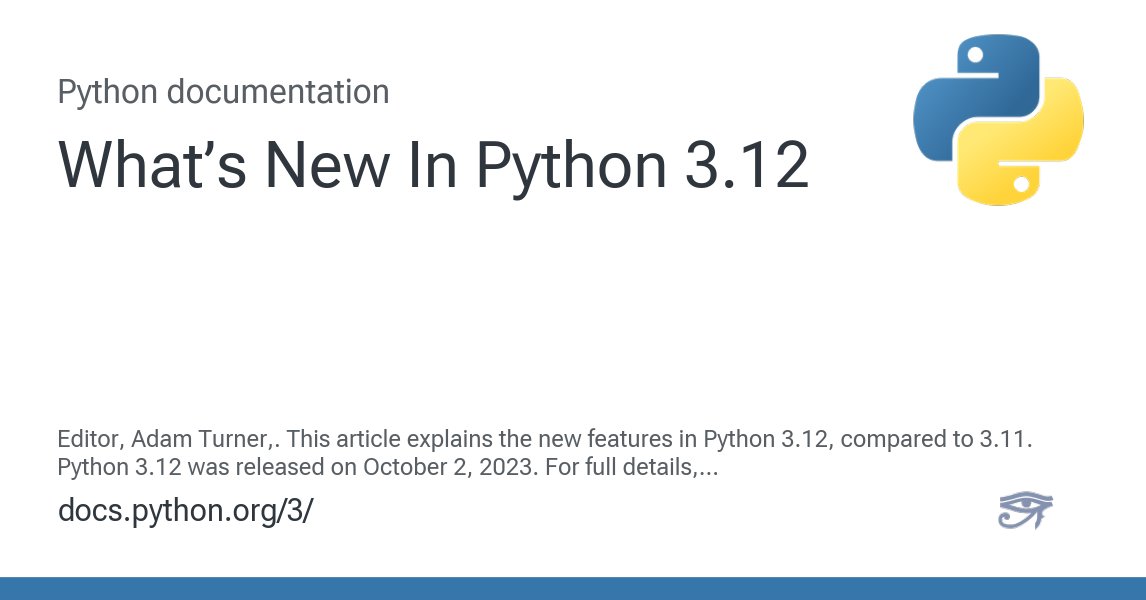 jaypatel6963's tweet card. Editor, Adam Turner,. This article explains the new features in Python 3.12, compared to 3.11. Python 3.12 was released on October 2, 2023. For full details, see the changelog. Summary – Release hi...