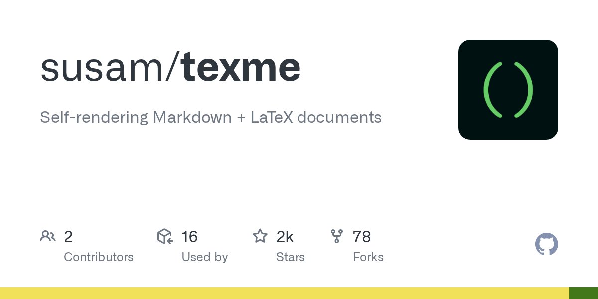 vimgeek's tweet card. Self-rendering Markdown + LaTeX documents. Contribute to susam/texme development by creating an account on GitHub.