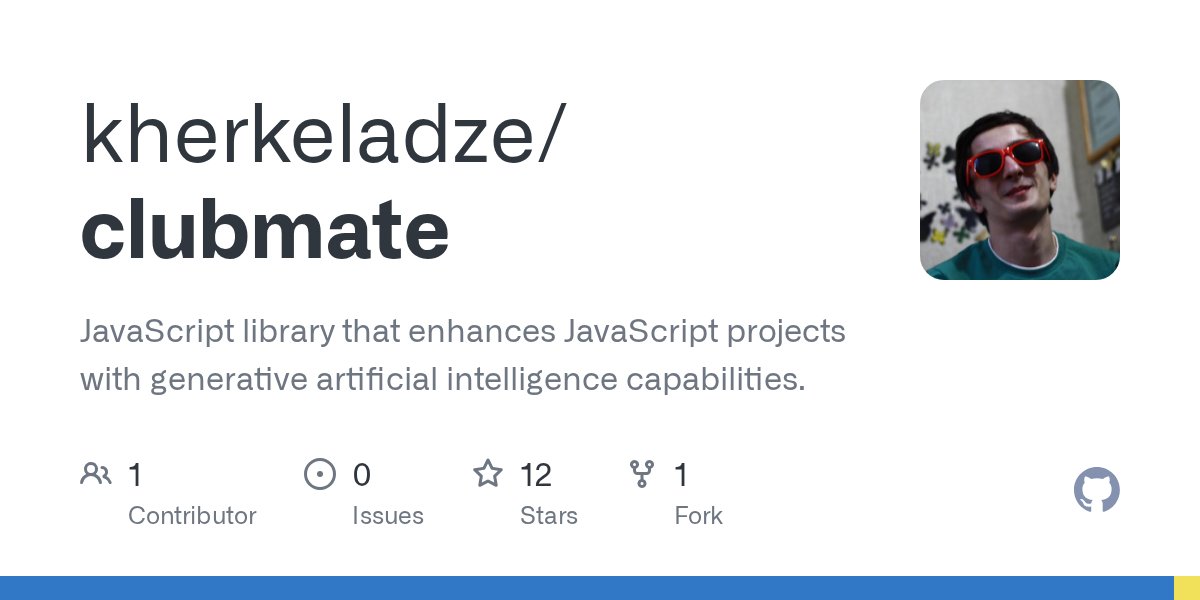 NodejsLibHunt's tweet card. JavaScript library that enhances JavaScript projects with generative artificial intelligence capabilities. - kherkeladze/clubmate