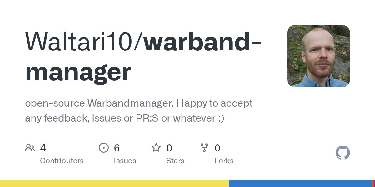 ValdeCode's tweet card. open-source Warbandmanager. Happy to accept any feedback, issues or PR:S or whatever :) - Waltari10/warband-manager