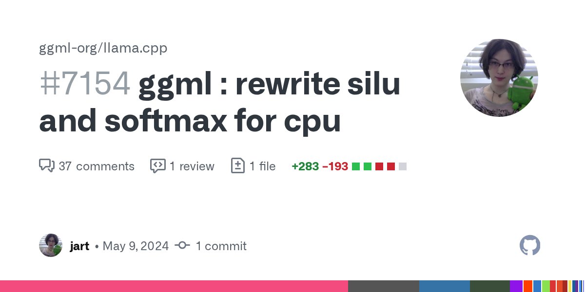jessebenisrael's tweet card. This change upstreams llamafile's vectorized expf() functions. This lets us compute softmax and silu more accurately than the short[65536] lookup table that GGML previously used to make thi...