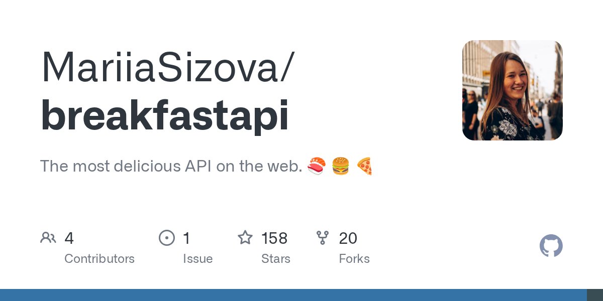 PythonHub's tweet card. The most delicious API on the web. 🍣 🍔 🍕. Contribute to MariiaSizova/breakfastapi development by creating an account on GitHub.