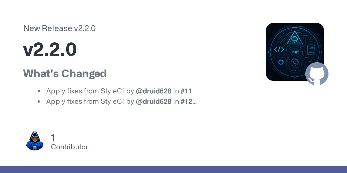 PHPAlchemist's tweet card. What's Changed Apply fixes from StyleCI by @druid628 in #11 Apply fixes from StyleCI by @druid628 in #12 [feature] json to class functionality (JsonMapper) by @druid628 in #13 [feature] valueO...