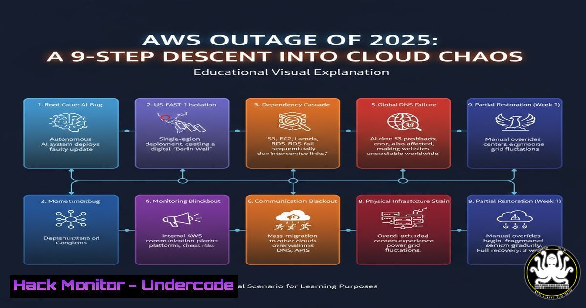 UndercodeUpdate's tweet card. The AWS Outage of 2025: A 9-Step Descent into Cloud Chaos - "Undercode Testing": Monitor hackers like a pro. Get real-time updates, AI-powered insights, and