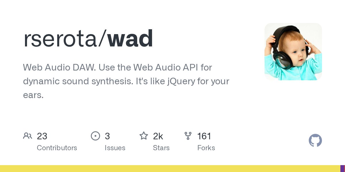 FrontendDaily's tweet card. Web Audio DAW. Use the Web Audio API for dynamic sound synthesis. It's like jQuery for your ears. - GitHub - rserota/wad: Web Audio DAW. Use the Web Audio API for dynamic sound synthesi...