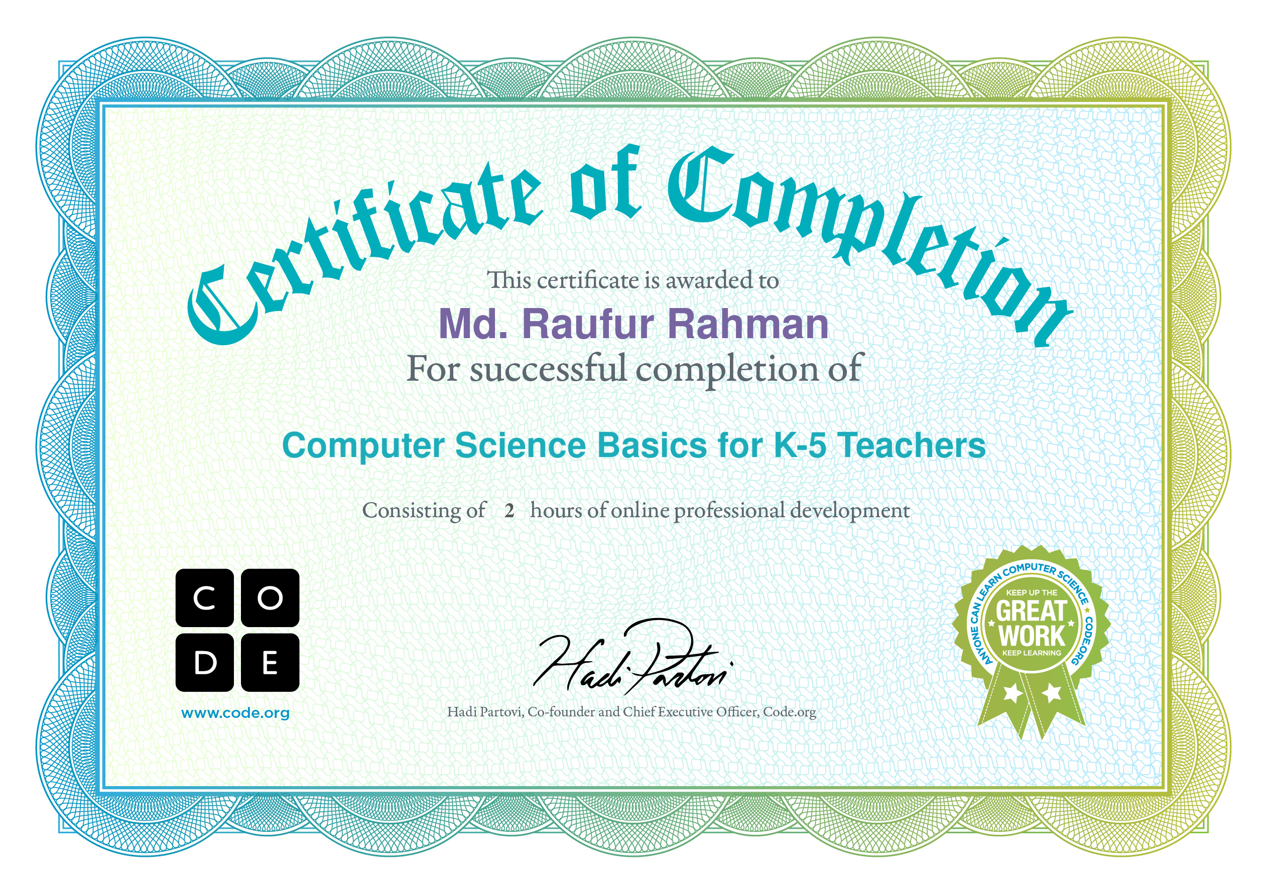 raufurrahmans's tweet card. Certificate for completion of Computer Science Basics for K-5 Teachers
