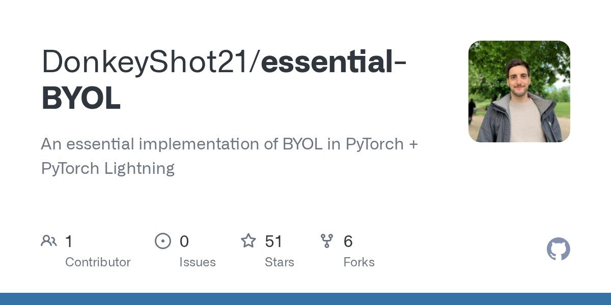 DonkeyShot21's tweet card. An essential implementation of BYOL in PyTorch + PyTorch Lightning - DonkeyShot21/essential-BYOL