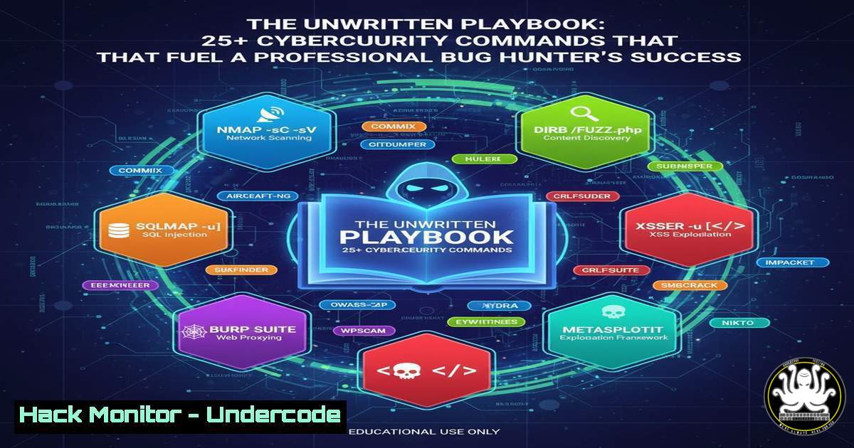 UndercodeUpdate's tweet card. The Unwritten Playbook: 25+ Cybersecurity Commands That Fuel a Professional Bug Hunter's Success - "Undercode Testing": Monitor hackers like a pro. Get