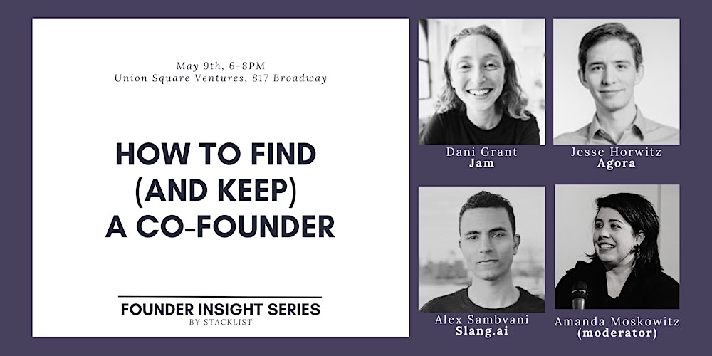 theStacklist's tweet card. A panel & networking event for entrepreneurs! Our speakers will share advice about finding a co-founder and building a great partnership.