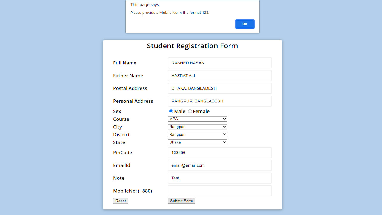 CodeExercise's tweet card. The sample html code for student registration form with JavaScript validation. In this example, many text fields, select option, radio buttons, reset buttons and submit buttons are displayed hear. I...