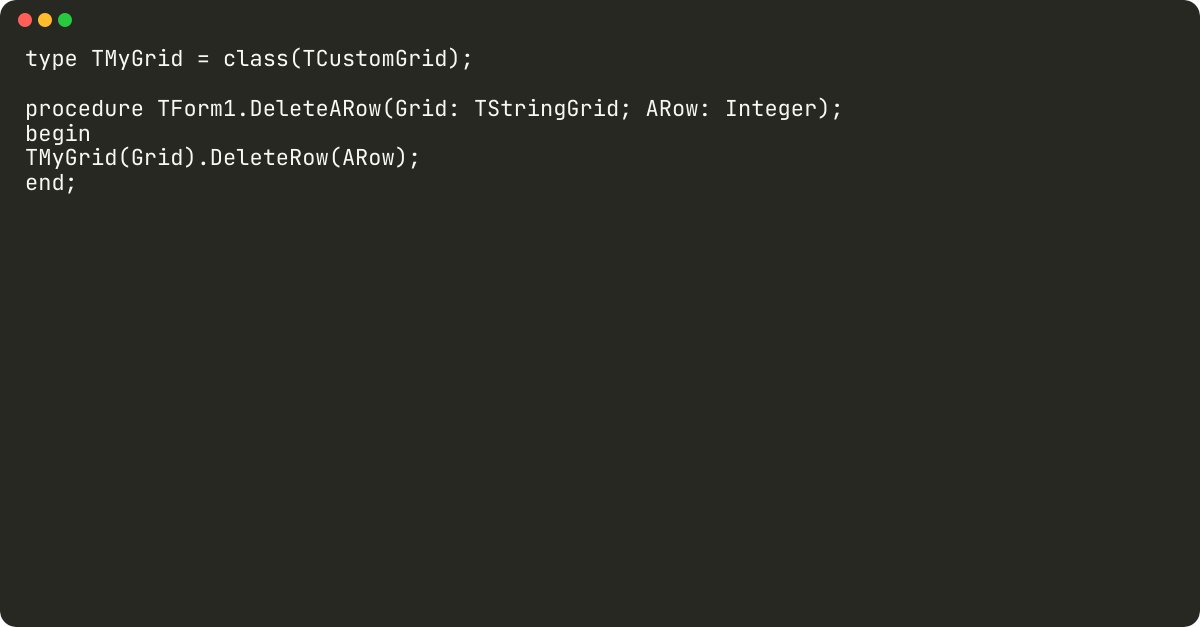 alieGotha's tweet card. How to delete string in stringgrid using Delphi?