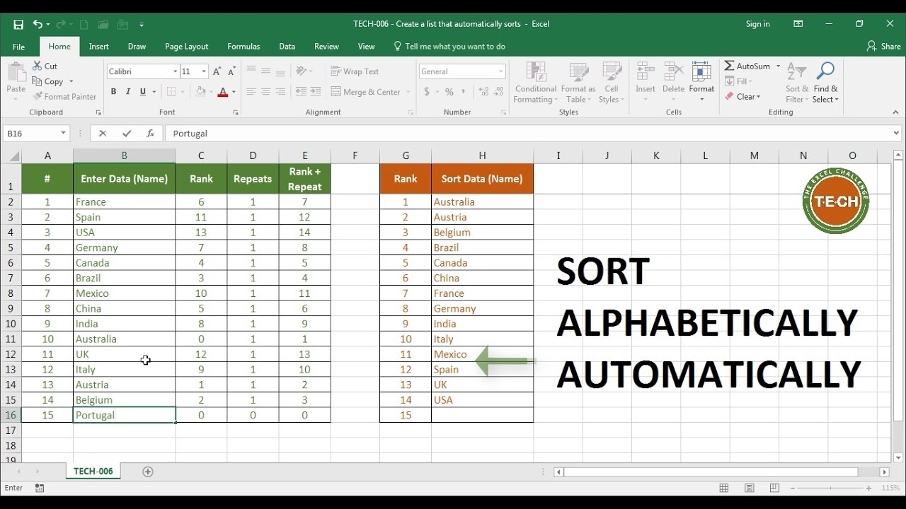 excelchallenge's tweet card. TECH-006 - Create a list that automatically sorts data (alphabetica...