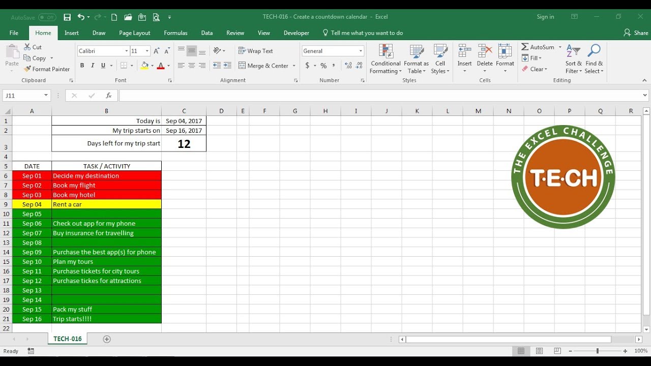 excelchallenge's tweet card. TECH-016 - Create a countdown calendar and combine it with conditio...