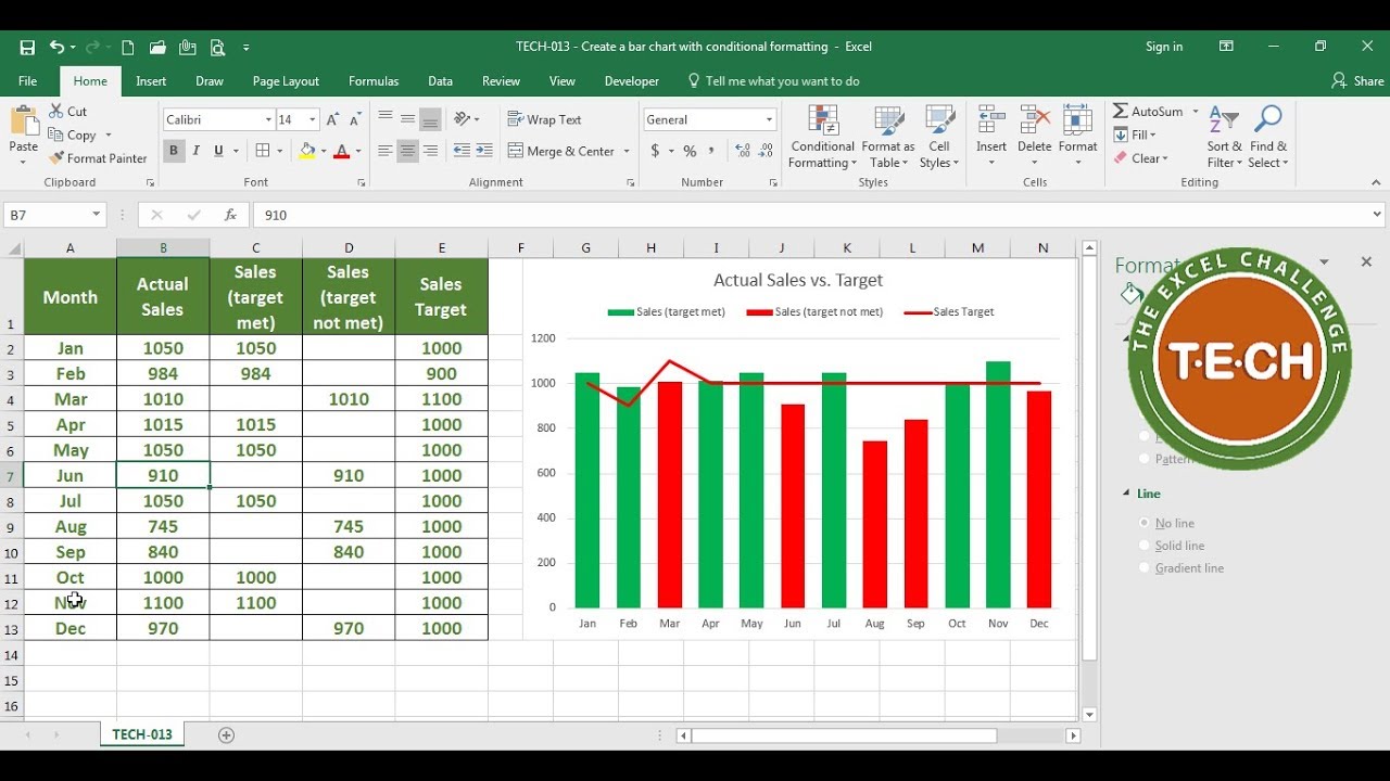 excelchallenge's tweet card. TECH-013 - Create a bar chart with conditional formatting in Excel