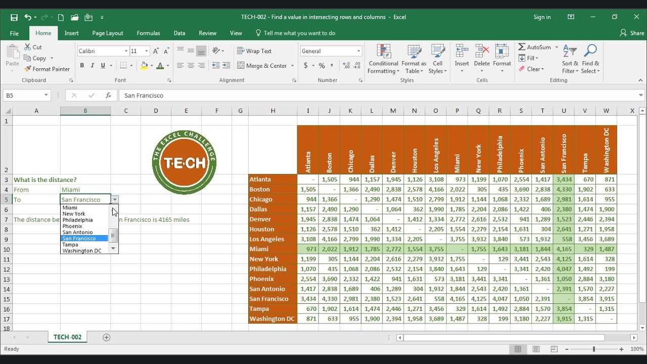 excelchallenge's tweet card. TECH-002 - Find a value in intersecting rows and columns in Excel