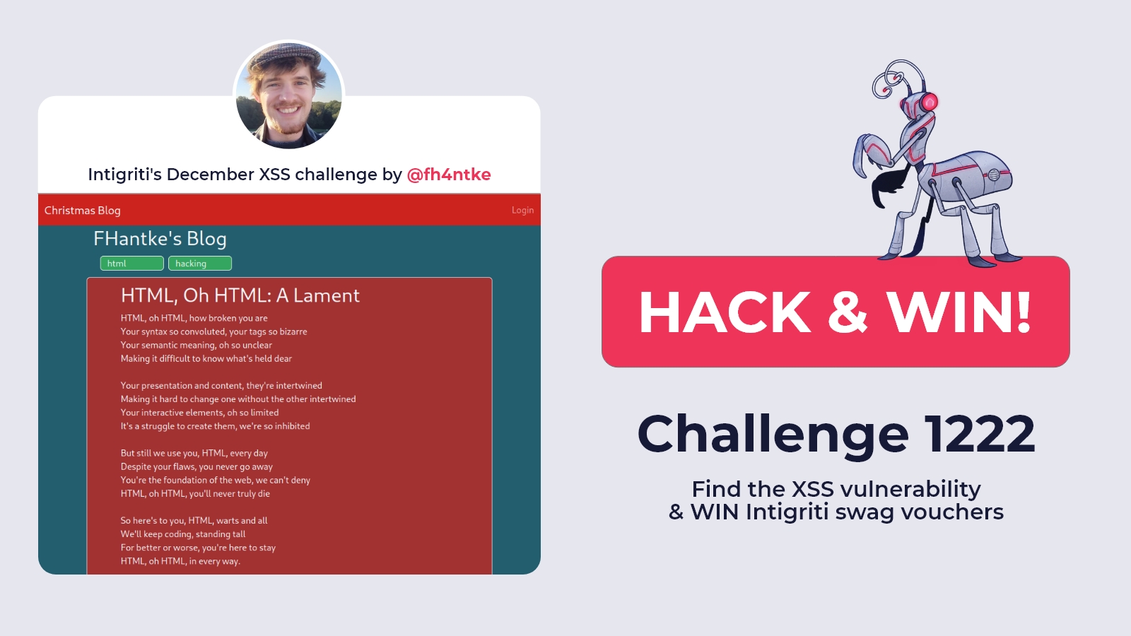intigriti's tweet card. Find the XSS and WIN Intigriti swag.