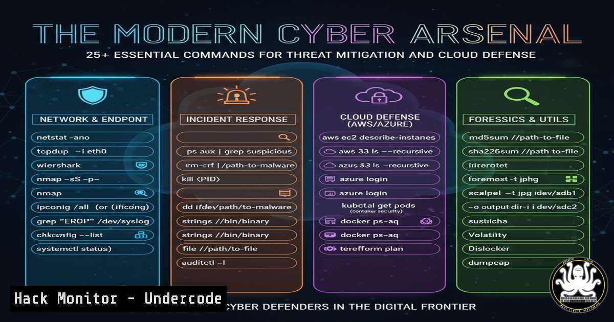 UndercodeUpdate's tweet card. The Modern Cyber Arsenal: 25+ Essential Commands for Threat Mitigation and Cloud Defense - "Undercode Testing": Monitor hackers like a pro. Get real-time