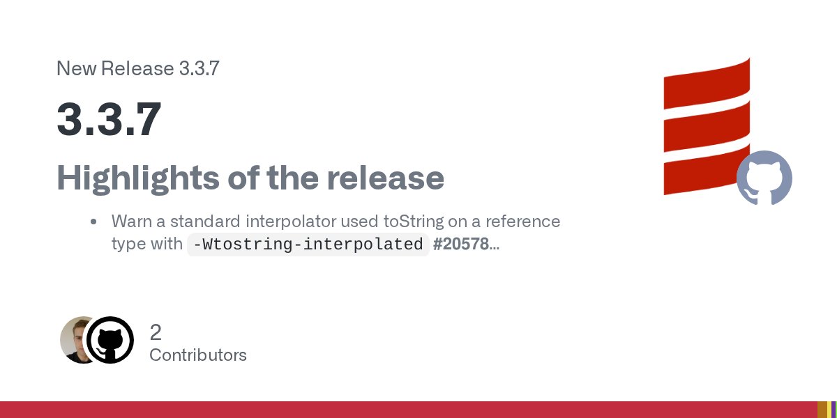 matej_cerny's tweet card. Highlights of the release Warn a standard interpolator used toString on a reference type with -Wtostring-interpolated #20578 Unblock Scala 3 on Android #22632 Implement :jar (deprecate :require) i...