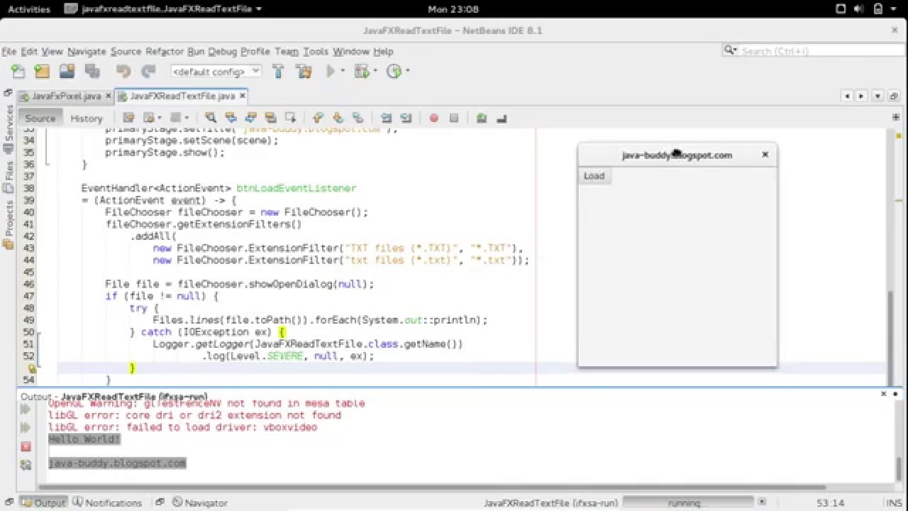 Java_Buddy's tweet card. Files.lines() read text file returned by JavaFX FileChooser