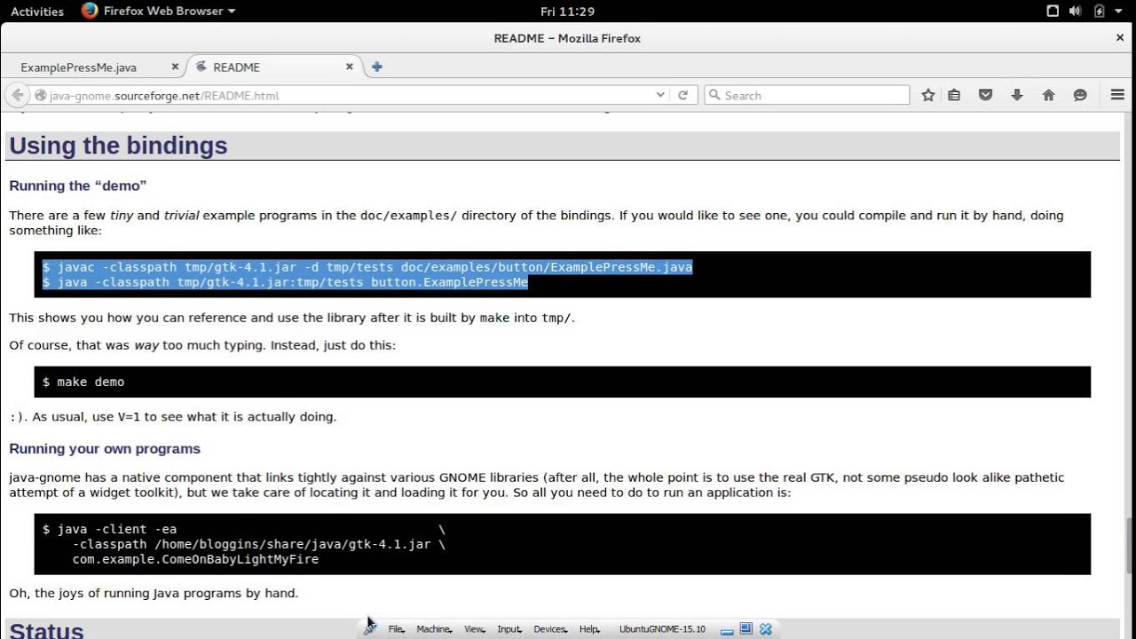 Java_Buddy's tweet card. First try java-gnome ExamplePressMe.java