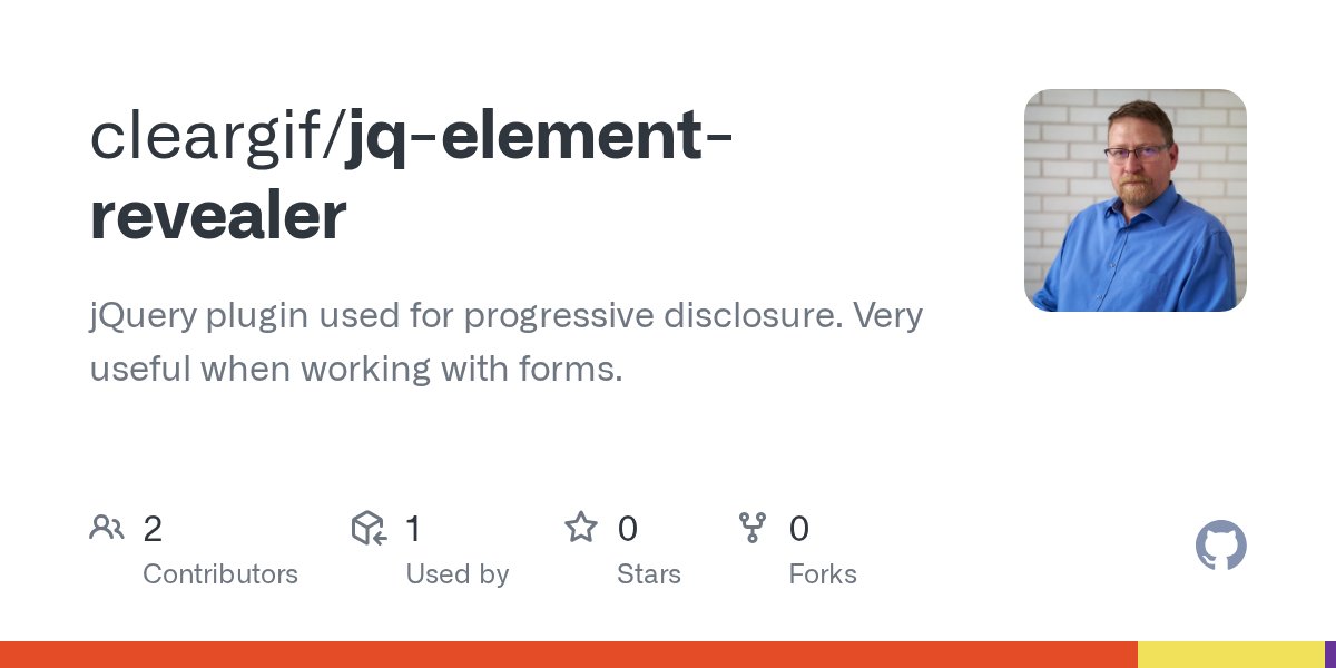 ClearGif's tweet card. jQuery plugin used for progressive disclosure. Very useful when working with forms. - cleargif/jq-element-revealer