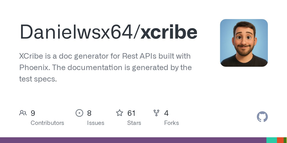 awesome_elixir's tweet card. XCribe is a doc generator for Rest APIs built with Phoenix. The documentation is generated by the test specs. - Danielwsx64/xcribe