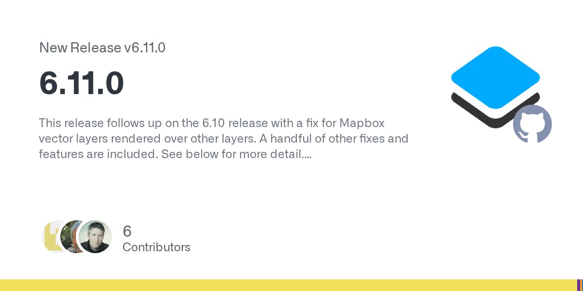 openlayers's tweet card. This release follows up on the 6.10 release with a fix for Mapbox vector layers rendered over other layers. A handful of other fixes and features are included. See below for more detail. List of ...