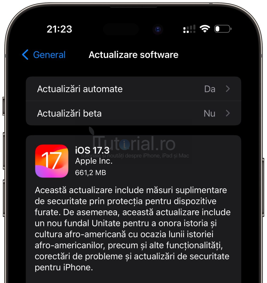 iTutorialro's tweet card. iOS 17.3 și iPadOS 17.3 au fost lansate luni seară de către Apple și sunt disponibile, așadar, pentru utilizatorii modelelor de iPhone