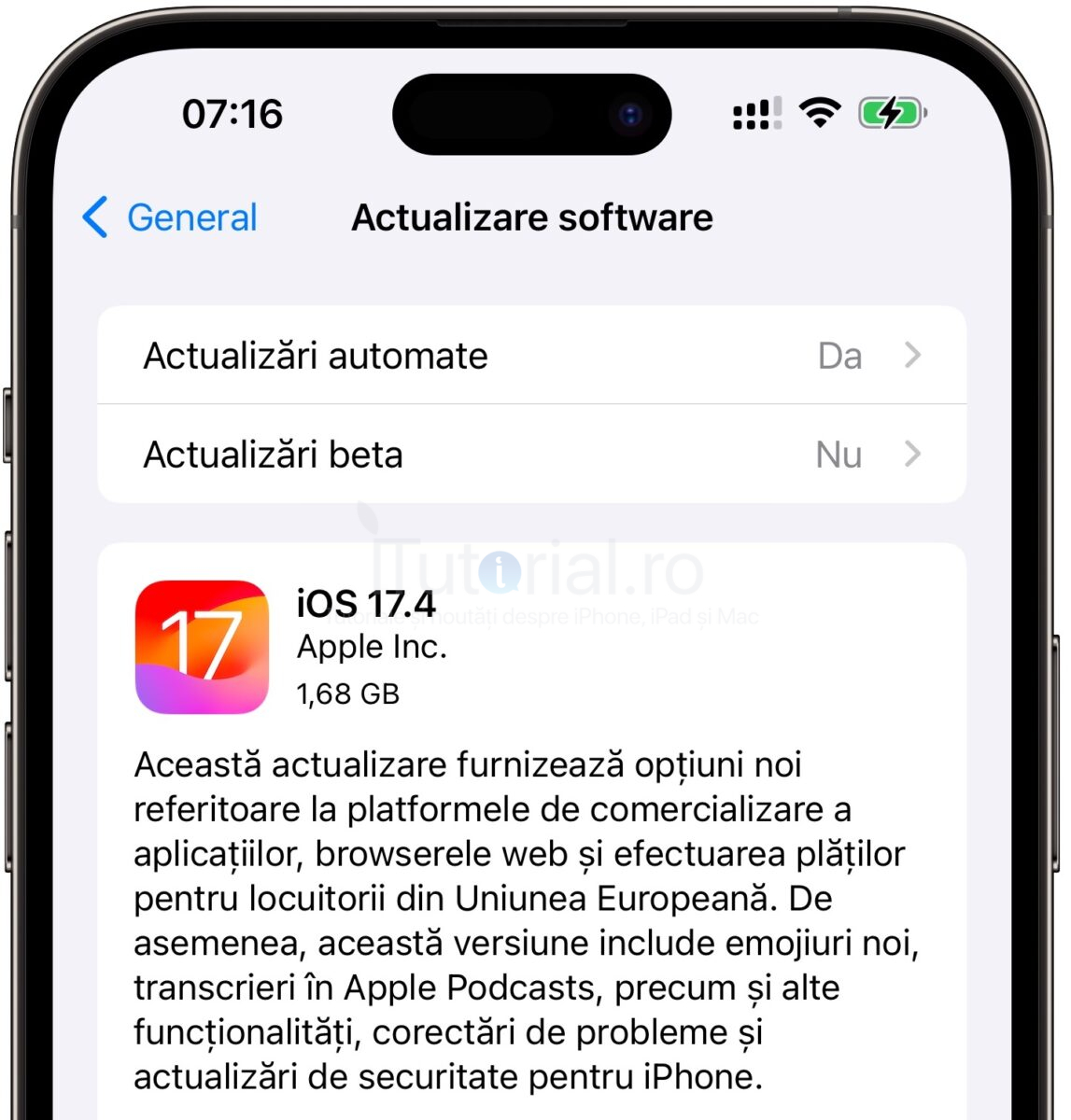 iTutorialro's tweet card. iOS 17.4 și iPadOS 17.4 au fost lansate marți seară de către Apple și sunt disponibile, așadar, pentru utilizatorii modelelor de iPhone