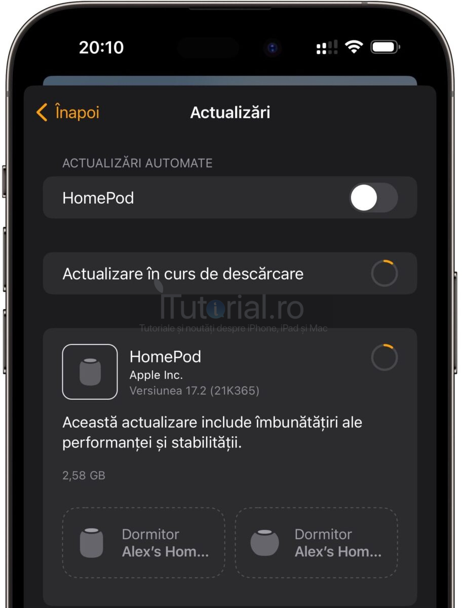 iTutorialro's tweet card. Versiunea software 17.2 furnizează îmbunătățiri ale performanței și stabilității, Apple neprecizând dacă utilizatorii de HomePod
