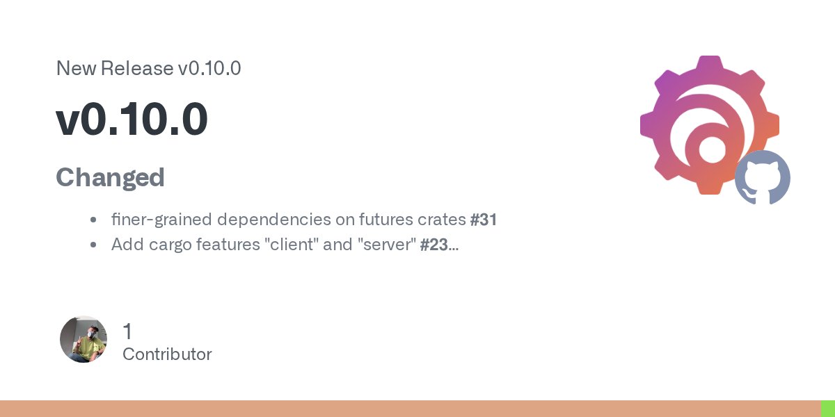 asyncrs's tweet card. Changed finer-grained dependencies on futures crates #31 Add cargo features "client" and "server" #23 Internal Add cargo fmt to travis build config #28 Bump to rusttls 0.18.0...