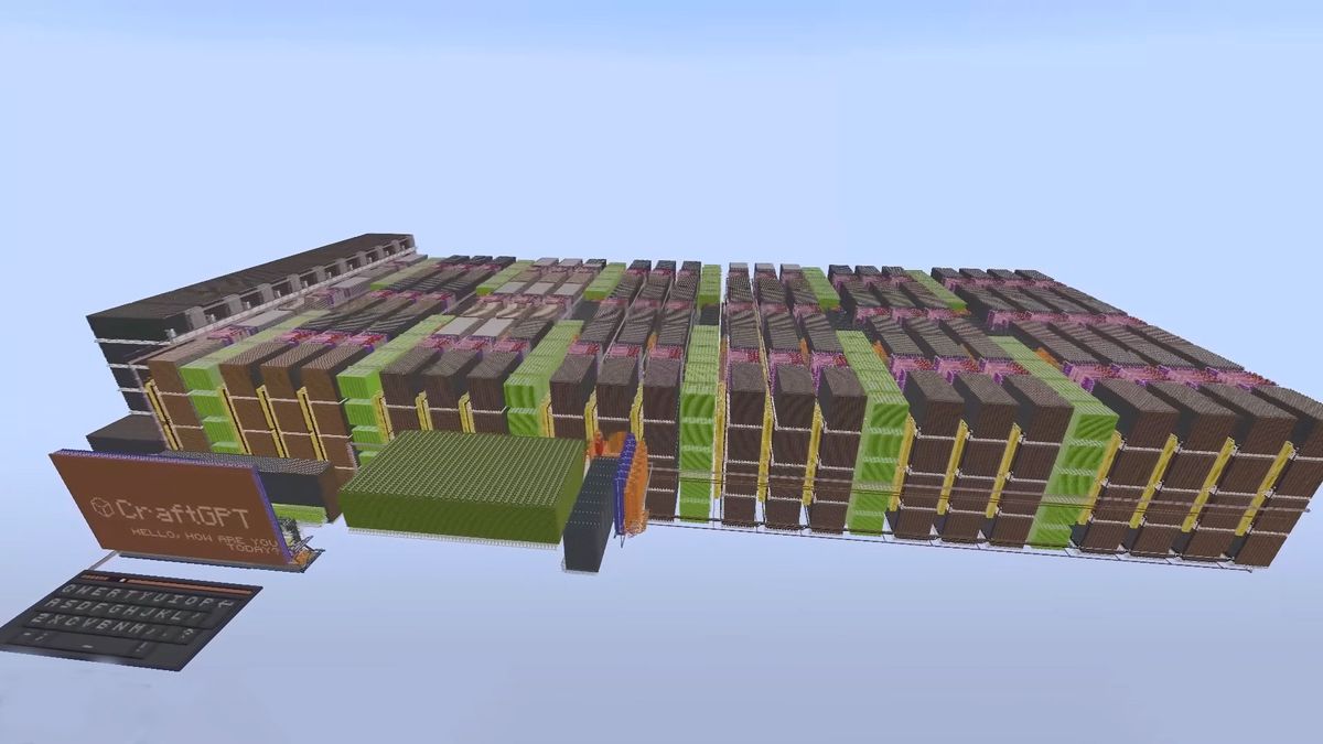 TechInOurWorld's tweet card. CraftGPT is hewn from 1020x260x1656 Redstone blocks in the game.