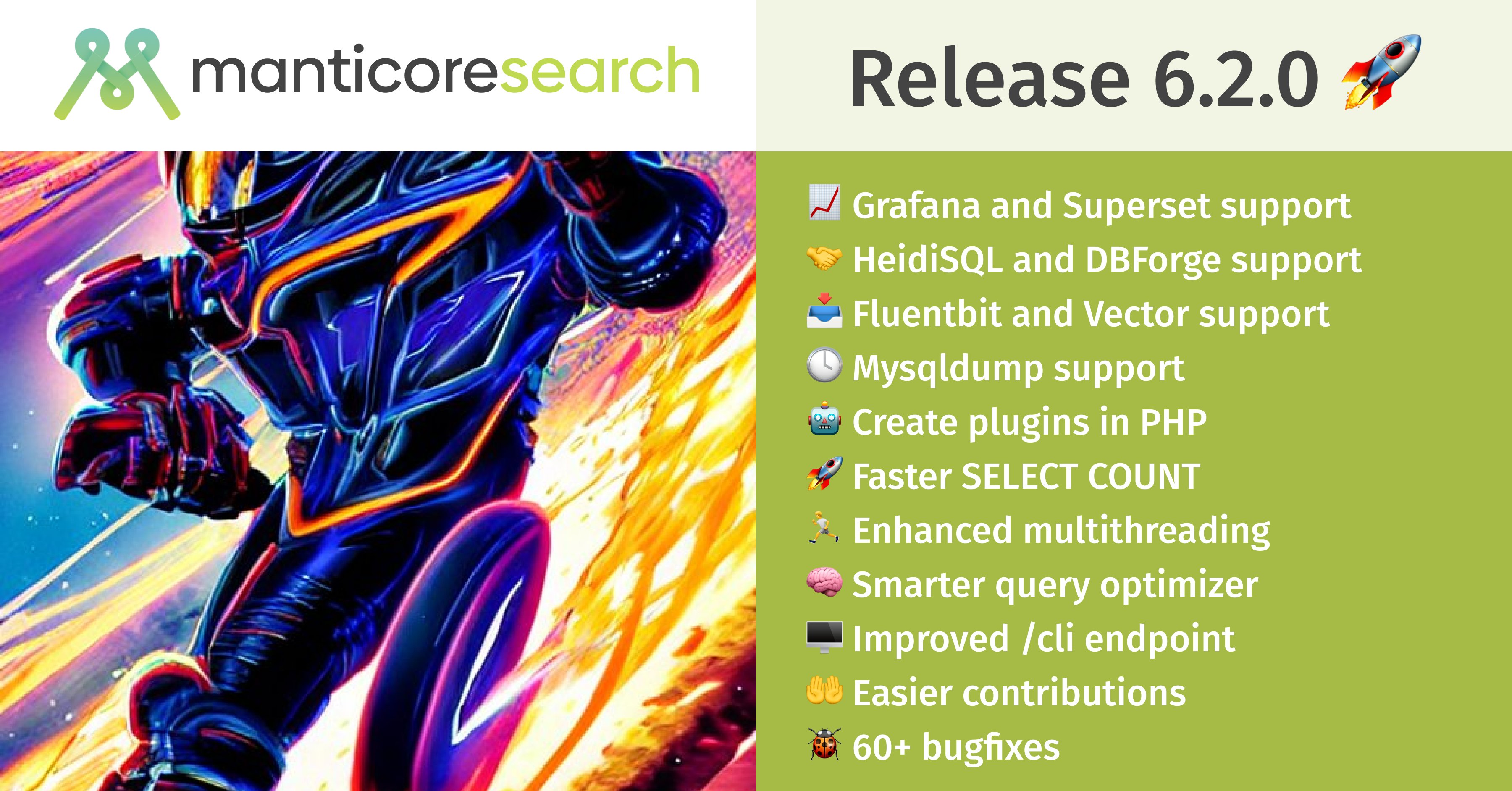 manticoresearch's tweet card. Manticore Search 6.2.0: new integrations, higher performance and many more