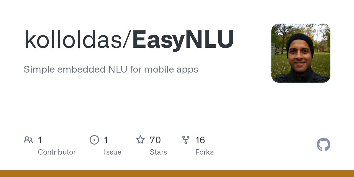ChatbotTech's tweet card. Simple embedded NLU for mobile apps. Contribute to kolloldas/EasyNLU development by creating an account on GitHub.