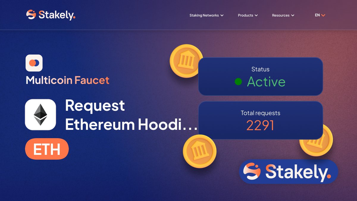 cr51coding's tweet card. Request Testnet tokens for Ethereum Hoodi Testnet with Stakely's Faucet. Perfect for development, testing, and network fee coverage.