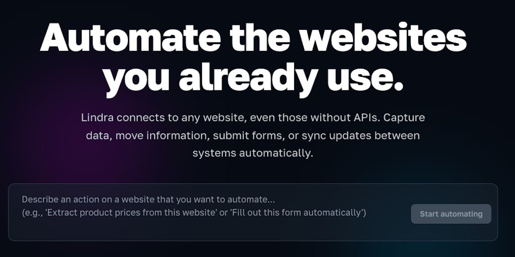 ValliVeeti's tweet card. Lindra connects to any website, even those without APIs. Capture data, move information, submit forms, or sync updates between systems automatically.