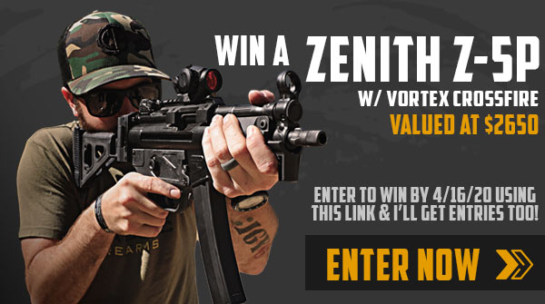 McProgramming's tweet card. Win A Zenith Z-5P Roller Action Pistol w/ Vortex Crossfire
